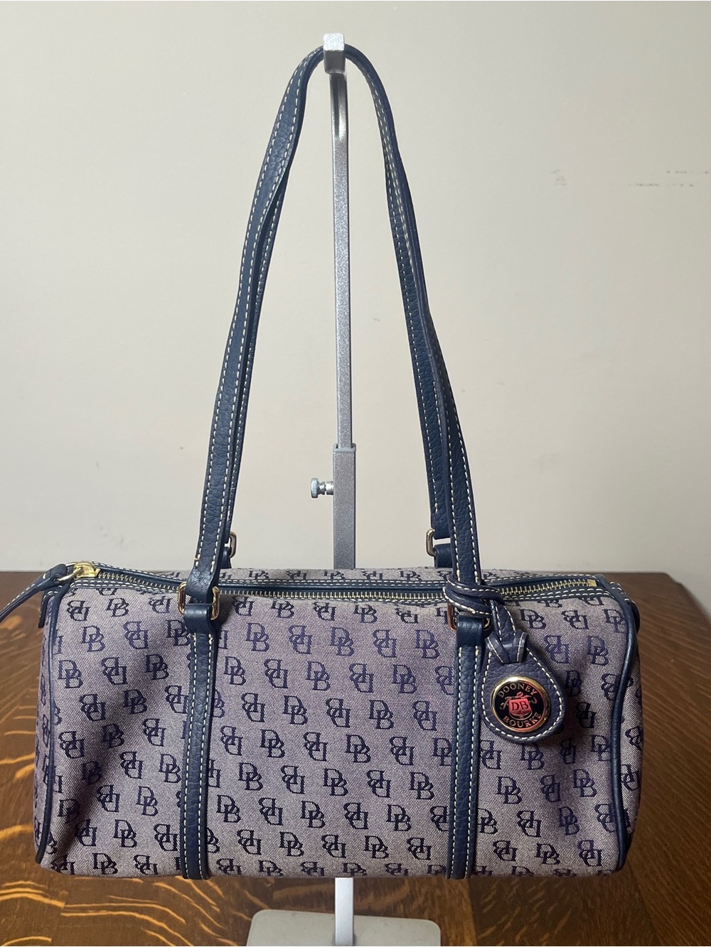 Dooney & Bourke NWOT Vintage Navy and Gray Monogram Barrel Shoulder Bag